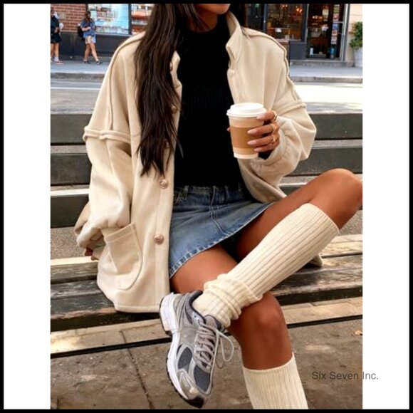 Oversized Button Down Jacket Lantern Sleeve Coat Mock Neck Casual Outerwear - Picture 2 of 7